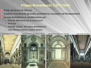 Filippo Brunelleschi (1377-1446)
  Parte dal lavoro di Vitruvio
  Codifica nuovamente gli ordini architettonici riscoperti nel Rinascimento
  Le sue architetture si caratterizzano per
    –    Grande attenzione per le proporzioni
    –    Armonia
    –    Grande “pulizia” del segno architettonico
    –    Usa intonaco bianco e pietra serena
San Lorenzo dal 1419    Sagrestia Vecchia, San Lorenzo, 1422-28   Cappella Pazzi, Santa Croce, dal 1430   Santo Spirito, dal 1444
 