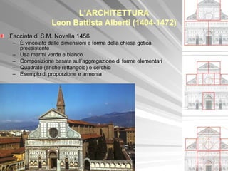 L’ARCHITETTURA
                Leon Battista Alberti (1404-1472)
Facciata di S.M. Novella 1456
 – È vincolato dalle dimensioni e forma della chiesa gotica
   preesistente
 – Usa marmi verde e bianco
 – Composizione basata sull’aggregazione di forme elementari
 – Quadrato (anche rettangolo) e cerchio
 – Esempio di proporzione e armonia
 