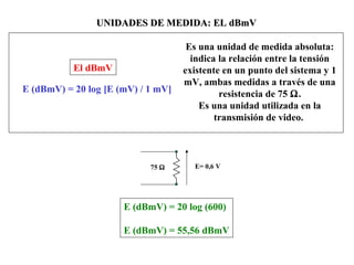 UNIDADES DE MEDIDA: EL dBmVUNIDADES DE MEDIDA: EL dBmV
E (dBmV) = 20 log [E (mV) / 1 mV]
Es una unidad de medida absoluta:
indica la relación entre la tensión
existente en un punto del sistema y 1
mV, ambas medidas a través de una
resistencia de 75 Ω.
Es una unidad utilizada en la
transmisión de video.
El dBmV
E= 0,6 V75 Ω
E (dBmV) = 20 log (600)
E (dBmV) = 55,56 dBmV
 