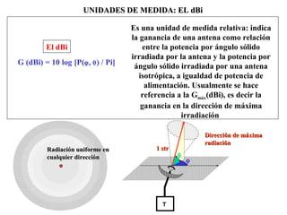 UNIDADES DE MEDIDA: EL dBiUNIDADES DE MEDIDA: EL dBi
G (dBi) = 10 log [P(ϕ, θ) / Pi]
Es una unidad de medida relativa: indica
la ganancia de una antena como relación
entre la potencia por ángulo sólido
irradiada por la antena y la potencia por
ángulo sólido irradiada por una antena
isotrópica, a igualdad de potencia de
alimentación. Usualmente se hace
referencia a la Gmáx(dBi), es decir la
ganancia en la dirección de máxima
irradiación
El dBi
TT
θ
ϕ
Dirección de máximaDirección de máxima
radiaciónradiación
Radiación uniforme enRadiación uniforme en
cualquier direccióncualquier dirección
1 str1 str
 