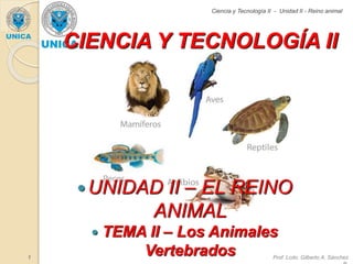 Prof. Lcdo. Gilberto A. Sánchez1
Ciencia y Tecnología II - Unidad II - Reino animal
CIENCIA Y TECNOLOGÍA II
UNIDAD II – EL REINO
ANIMAL
 TEMA II – Los Animales
Vertebrados
 