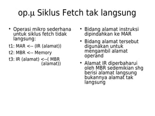 op.m Siklus Fetch tak langsung 
 Operasi mikro sederhana 
untuk siklus fetch tidak 
langsung: 
t1: MAR <-- (IR (alamat)) 
t2: MBR <-- Memory 
t3: IR (alamat) <--( MBR 
(alamat)) 
 Bidang alamat instruksi 
dipindahkan ke MAR 
 Bidang alamat tersebut 
digunakan untuk 
mengambil alamat 
operand 
 Alamat IR diperbaharui 
oleh MBR sedemikian shg 
berisi alamat langsung 
bukannya alamat tak 
langsung 
 