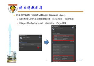 shapethefuture
 選單命令Edit>Project Settings>Tags and Layers
 在Sorting Layers增加Background、Interactive、Player圖層
 在Layers加入Background、Interactive、Player圖層
建立遊戲圖層
12 Wu, ShyiShiou Dept. of E.E., NKUT
 
