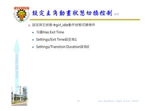 shapethefuture
 設定其它狀態girl_idle動作狀態切換條件
 勾選Has Exit Time
 Settings/Exit Time設定為1
 Settings/Transtion Duration設為0
設定主角動畫狀態切換控制 2/2
17 Wu, ShyiShiou Dept. of E.E., NKUT
 