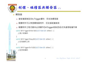 shapethefuture
 觸發器
 當碰撞器被設定Is Trigger屬性，即成為觸發器
 剛體物件可以穿透觸發器物件，但支援碰撞偵測
 剛體物件之程式腳本必須實作OnTriggerXXX2D函式來處理碰撞作業
void OnTriggerEnter2D(Collider2D other) {
//進入碰撞時
}
void OnTriggerStay2D(Collider2D other) {
//在碰撞物上時
}
void OnTriggerExit2D(Collider2D other) {
//結束碰撞時
}
剛體、碰撞器與觸發器 3/3
4 Wu, ShyiShiou Dept. of E.E., NKUT
 
