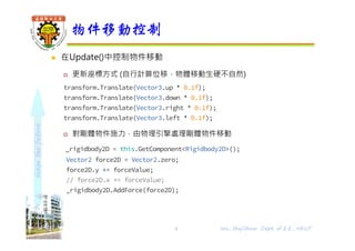 shapethefuture
 在Update()中控制物件移動
 更新座標方式 (自行計算位移，物體移動⽣硬不自然)
transform.Translate(Vector3.up * 0.1f);
transform.Translate(Vector3.down * 0.1f);
transform.Translate(Vector3.right * 0.1f);
transform.Translate(Vector3.left * 0.1f);
 對剛體物件施力，由物理引擎處理剛體物件移動
_rigidbody2D = this.GetComponent<Rigidbody2D>();
Vector2 force2D = Vector2.zero;
force2D.y += forceValue;
// force2D.x += forceValue;
_rigidbody2D.AddForce(force2D);
物件移動控制
5 Wu, ShyiShiou Dept. of E.E., NKUT
 