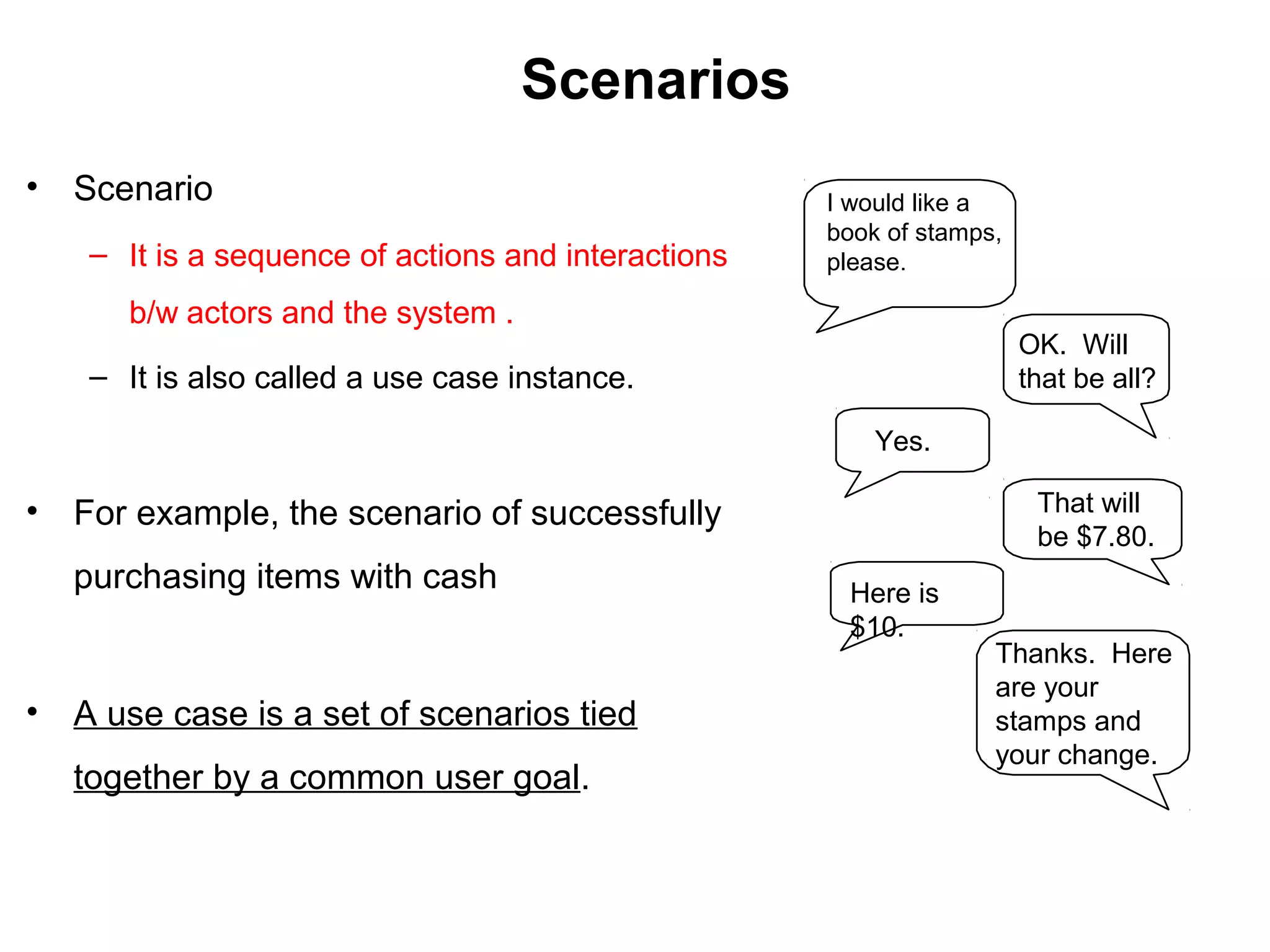 Scenarios
• Scenario
– It is a sequence of actions and interactions
b/w actors and the system .
– It is also called a use case instance.
• For example, the scenario of successfully
purchasing items with cash
• A use case is a set of scenarios tied
together by a common user goal.
I would like a
book of stamps,
please.
That will
be $7.80.
Here is
$10.
Thanks. Here
are your
stamps and
your change.
Yes.
OK. Will
that be all?
 