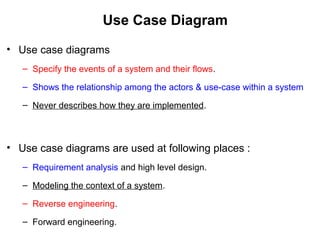 Use Case Diagram
• Use case diagrams
– Specify the events of a system and their flows.
– Shows the relationship among the actors & use-case within a system
– Never describes how they are implemented.
• Use case diagrams are used at following places :
– Requirement analysis and high level design.
– Modeling the context of a system.
– Reverse engineering.
– Forward engineering.
 