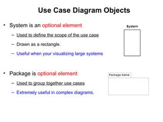 Use Case Diagram Objects
• System is an optional element
– Used to define the scope of the use case
– Drawn as a rectangle.
– Useful when your visualizing large systems
• Package is optional element
– Used to group together use cases
– Extremely useful in complex diagrams.
 