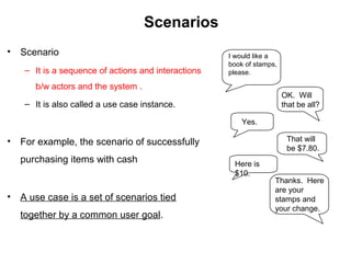 Scenarios
• Scenario
– It is a sequence of actions and interactions
b/w actors and the system .
– It is also called a use case instance.
• For example, the scenario of successfully
purchasing items with cash
• A use case is a set of scenarios tied
together by a common user goal.
I would like a
book of stamps,
please.
That will
be $7.80.
Here is
$10.
Thanks. Here
are your
stamps and
your change.
Yes.
OK. Will
that be all?
 