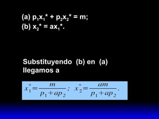 (a) p 1 x 1 * + p 2 x 2 * = m;  (b) x 2 * = ax 1 *. Substituyendo  (b) en  (a) llegamos a 