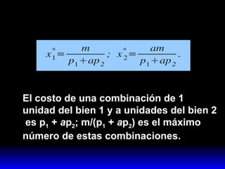 El costo de una combinación de 1  unidad del bien 1 y a unidades del bien 2  es p 1  +  a p 2 ; m/(p 1  +  a p 2 ) es el máximo  número de estas combinaciones. 