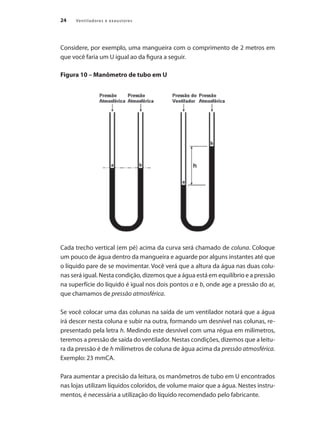 24 Ventiladores e exaustores
Considere, por exemplo, uma mangueira com o comprimento de 2 metros em
que você faria um U igual ao da figura a seguir.
Figura 10 – Manômetro de tubo em U
Cada trecho vertical (em pé) acima da curva será chamado de coluna. Coloque
um pouco de água dentro da mangueira e aguarde por alguns instantes até que
o líquido pare de se movimentar. Você verá que a altura da água nas duas colu-
nas será igual. Nesta condição, dizemos que a água está em equilíbrio e a pressão
na superfície do líquido é igual nos dois pontos a e b, onde age a pressão do ar,
que chamamos de pressão atmosférica.
Se você colocar uma das colunas na saída de um ventilador notará que a água
irá descer nesta coluna e subir na outra, formando um desnível nas colunas, re-
presentado pela letra h. Medindo este desnível com uma régua em milímetros,
teremos a pressão de saída do ventilador. Nestas condições, dizemos que a leitu-
ra da pressão é de h milímetros de coluna de água acima da pressão atmosférica.
Exemplo: 23 mmCA.
Para aumentar a precisão da leitura, os manômetros de tubo em U encontrados
nas lojas utilizam líquidos coloridos, de volume maior que a água. Nestes instru-
mentos, é necessária a utilização do líquido recomendado pelo fabricante.
 