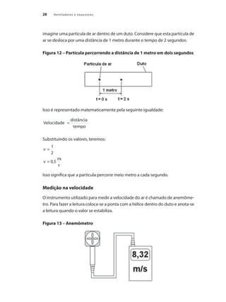 28 Ventiladores e exaustores
imagine uma partícula de ar dentro de um duto. Considere que esta partícula de
ar se desloca por uma distância de 1 metro durante o tempo de 2 segundos:
Figura 12 – Partícula percorrendo a distância de 1 metro em dois segundos
Isso é representado matematicamente pela seguinte igualdade:
Substituindo os valores, teremos:
Isso significa que a partícula percorre meio metro a cada segundo.
Medição na velocidade
O instrumento utilizado para medir a velocidade do ar é chamado de anemôme-
tro. Para fazer a leitura coloca-se a ponta com a hélice dentro do duto e anota-se
a leitura quando o valor se estabiliza.
Figura 13 – Anemômetro
 