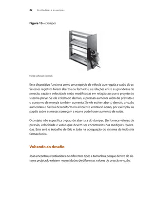 32 Ventiladores e exaustores
Figura 16 – Damper
Fonte: Johnson Controls
Esse dispositivo funciona como uma espécie de válvula que regula a vazão do ar.
Se esses registros forem abertos ou fechados, as relações entre as grandezas de
pressão, vazão e velocidade serão modificadas em relação ao que o projeto do
sistema prevê. Se ele é fechado demais, a pressão aumenta além do previsto e
o consumo de energia também aumenta. Se ele estiver aberto demais, a vazão
aumentará e haverá desconforto no ambiente ventilado como, por exemplo, os
papéis sobre as mesas começam a voar e pode haver aumento de ruído.
O projeto não especifica o grau de abertura do damper. Ele fornece valores de
pressão, velocidade e vazão que devem ser encontrados nas medições realiza-
das. Este será o trabalho de Eric e João na adequação do sistema da indústria
farmacêutica.
Voltando ao desafio
João encontrou ventiladores de diferentes tipos e tamanhos porque dentro do sis-
tema projetado existem necessidades de diferentes valores de pressão e vazão.
 