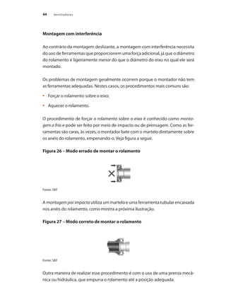44 Ventiladores
Montagem com interferência
Ao contrário da montagem deslizante, a montagem com interferência necessita
do uso de ferramentas que proporcionem uma força adicional, já que o diâmetro
do rolamento é ligeiramente menor do que o diâmetro do eixo no qual ele será
montado.
Os problemas de montagem geralmente ocorrem porque o montador não tem
as ferramentas adequadas. Nestes casos, os procedimentos mais comuns são:
	 Forçar o rolamento sobre o eixo;
•	
	 Aquecer o rolamento.
•	
O procedimento de forçar o rolamento sobre o eixo é conhecido como monta-
gem a frio e pode ser feito por meio de impacto ou de prensagem. Como as fer-
ramentas são caras, às vezes, o montador bate com o martelo diretamente sobre
os anéis do rolamento, empenando-o. Veja figura a seguir.
Figura 26 – Modo errado de montar o rolamento
Fonte: SKF
A montagem porimpacto utiliza um martelo e uma ferramenta tubular encaixada
nos anéis do rolamento, como mostra a próxima ilustração.
Figura 27 – Modo correto de montar o rolamento
Fonte: SKF
Outra maneira de realizar esse procedimento é com o uso de uma prensa mecâ-
nica ou hidráulica, que empurra o rolamento até a posição adequada.
 