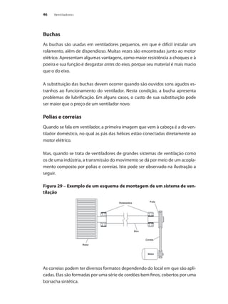 46 Ventiladores
Buchas
As buchas são usadas em ventiladores pequenos, em que é difícil instalar um
rolamento, além de dispendioso. Muitas vezes são encontradas junto ao motor
elétrico. Apresentam algumas vantagens, como maior resistência a choques e à
poeira e sua função é desgastar antes do eixo, porque seu material é mais macio
que o do eixo.
A substituição das buchas devem ocorrer quando são ouvidos sons agudos es-
tranhos ao funcionamento do ventilador. Nesta condição, a bucha apresenta
problemas de lubrificação. Em alguns casos, o custo de sua substituição pode
ser maior que o preço de um ventilador novo.
Polias e correias
Quando se fala em ventilador, a primeira imagem que vem à cabeça é a do ven-
tilador doméstico, no qual as pás das hélices estão conectadas diretamente ao
motor elétrico.
Mas, quando se trata de ventiladores de grandes sistemas de ventilação como
os de uma indústria, a transmissão do movimento se dá por meio de um acopla-
mento composto por polias e correias. Isto pode ser observado na ilustração a
seguir.
Figura 29 – Exemplo de um esquema de montagem de um sistema de ven-
tilação
As correias podem ter diversos formatos dependendo do local em que são apli-
cadas. Elas são formadas por uma série de cordões bem finos, cobertos por uma
borracha sintética.
 