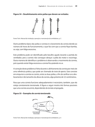 49
Capítulo 2 – Manutenção de sistemas de ventilação
Figura 34 – Desalinhamento entre polias que devem ser evitados
Fonte: Torin. Manual de instalação, operação e manutenção de ventiladores. p. 5
Outro problema típico das polias e correias é o laceamento da correia devido ao
número de horas de funcionamento, o que faz com que a correia fique bamba,
ou seja, com folga excessiva.
Este problema pode ser identificado pelo barulho agudo durante a partida do
ventilador, pois a correia não consegue abraçar a polia do motor e escorrega.
Outra maneira de identificar o problema é observando o movimento da correia,
pois quando existe folga excessiva a correia fica pulando no ar.
A correção deste problema é feita durante o alinhamento da correia por meio de
uma referência prática, que pode ser chamada de teste de aperto. Este consiste
em empurrar a correia no centro, entre as duas polias, a fim de verificar se o des-
locamento é do tamanho da altura da correia, algo próximo de 2,5 centímetros.
Para que uma correia funcione adequadamente é necessário, também, que ela
esteja corretamente tensionada. A figura a seguir mostra três formas possíveis
que uma correia assumirá, dependendo da tensão empregada.
Figura 35 – Exemplos de correia tensionada
Fonte: Torin. Manual de instalação, operação e manutenção de ventiladores. p. 6
 