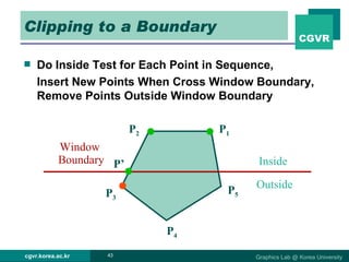 Clipping to a Boundary Do Inside Test for Each Point in Sequence,  Insert New Points When Cross Window Boundary, Remove Points Outside Window Boundary P 1 P 2 P 3 P 4 P 5 Inside Outside Window  Boundary P’ 