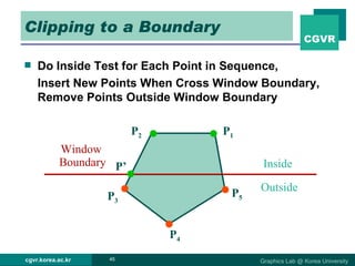 Clipping to a Boundary Do Inside Test for Each Point in Sequence,  Insert New Points When Cross Window Boundary, Remove Points Outside Window Boundary P 1 P 2 P 3 P 4 P 5 Inside Outside Window  Boundary P’ 