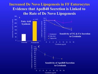 Increased De Novo Lipogenesis in FF Enterocytes
Evidence that ApoB48 Secretion is Linked to
the Rate of De Novo Lipogenesis
0
10
20
30
40
50
60
70
80
90
100
110
0 2 4 6 8 10 12 14 16
Cholesterol
Fatty Acid
Triglyceride
LabeledLipid(%ascontrol)
Cerulenin µg/ml
0
50
100
150
200
250
300
350
Chow-fed Fructose-fed
LabeledFattyAcid(%ascontrol)
0
10
20
30
40
50
60
70
80
90
100
110
0 2 4 6 8 10 12 14 16
Cerulenin µg/ml
LabeledSecretedApoB-48(%ascontrol)
A
C
p= 0.002
Sensitivity of ApoB48 Secretion
to Cerulenin
Fatty Acid
Synthesis
Sensitivity of TG & FA Secretion
to Cerulenin
 