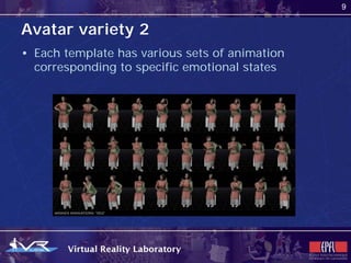 9


Avatar variety 2
• Each template has various sets of animation
  corresponding to specific emotional states
 