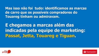 Mas isso não foi tudo: identificamos as marcas
de carro que os possíveis compradores do
Touareg tinham ou admiravam.
E chegamos a marcas além das
indicadas pela equipe de marketing:
Passat, Jetta, Touareg e Tiguan.
 