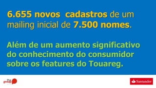6.655 novos cadastros de um
mailing inicial de 7.500 nomes.
Além de um aumento significativo
do conhecimento do consumidor
sobre os features do Touareg.
 