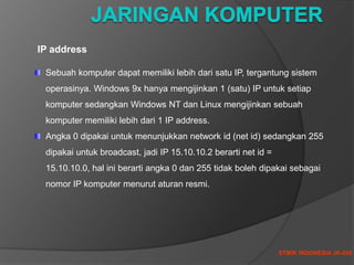 STMIK INDONESIA JK-002
Sebuah komputer dapat memiliki lebih dari satu IP, tergantung sistem
operasinya. Windows 9x hanya mengijinkan 1 (satu) IP untuk setiap
komputer sedangkan Windows NT dan Linux mengijinkan sebuah
komputer memiliki lebih dari 1 IP address.
Angka 0 dipakai untuk menunjukkan network id (net id) sedangkan 255
dipakai untuk broadcast, jadi IP 15.10.10.2 berarti net id =
15.10.10.0, hal ini berarti angka 0 dan 255 tidak boleh dipakai sebagai
nomor IP komputer menurut aturan resmi.
IP address
 