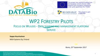 This document is part of a project that has received funding
from the European Union’s Horizon 2020 research and innovation programme
under agreement No 732064. It is the property of the DataBio consortium and shall not be distributed or
reproduced without the formal approval of the DataBio Management Committee. Find us at www.databio.eu.
1
This project has received funding from
the European Union’s Horizon 2020
research and innovation programme
under grant agreement No 732064
This project is part
of BDV PPP
WP2 FORESTRY PILOTS
FOCUS ON WUUDIS - DATA SHARING AND MANAGEMENT PLATFORM
SERVICE
Seppo Huurinainen
MGH Systems Oy, Finland
TBD
Rome, 25th September 2017
 