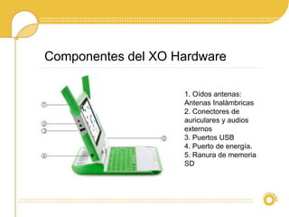Componentes del XO Hardware 
1. Oídos antenas: 
Antenas Inalámbricas 
2. Conectores de 
auriculares y audios 
externos 
3. Puertos USB 
4. Puerto de energía. 
5. Ranura de memoria 
SD 
 