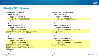 MAY 27, 2013 28©2013 TAIL-F all rights reserved
TUTORIAL: NETCONF AND YANG
Deref() XPATH Operator
container video {
leaf v-ip {
type leafref {
path "/client/ip";
}
}
leaf v-port {
type leafref {
path "/client
[ip=current()/../v-ip]/port";
}
}
leaf v-stream {
type leafref {
path "/client
[ip=current()/../v-ip]
[port=current()/../v-port]
/stream";
}
}
container video-deref {
leaf v-ip {
type leafref {
path "/client/ip";
}
}
leaf v-port {
type leafref {
path "deref(../v-ip)
/../port”;
}
}
leaf v-stream {
type leafref {
path "deref(../v-port)
/../stream";
}
}
 