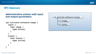 MAY 27, 2013 30©2013 TAIL-F all rights reserved
TUTORIAL: NETCONF AND YANG
RPC Statement
Administrative actions with input
and output parameters
rpc activate-software-image {
input {
leaf image {
type binary;
}
}
output {
leaf status {
type string;
}
}
}
image
status
activate-software-image
 