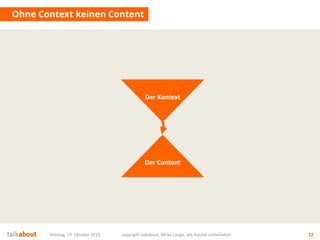 Montag, 19. Oktober 2015 copyright talkabout, Mirko Lange, alle Rechte vorbehalten 22
Ohne Context keinen Content
Der Kontext
Der Content
 