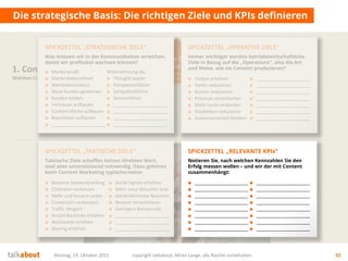 Ziele fürs
Unternehmen
Auf welche strategischen Ziele
zahlen wir ein? Was ist der Nutzen für uns?
Montag, 19. Oktober 2015 copyright talkabout, Mirko Lange, alle Rechte vorbehalten 32
Die strategische Basis: Die richtigen Ziele und KPIs definieren
1. Content Strategie
Welchen Content brauchen wir?
■ Markenprofil
■ Markenbekanntheit
■ Markenkonsistenz
■ Neue Kunden gewinnen
■ Kunden binden
■ Vertrauen aufbauen
■ Content Marke aufbauen
■ Reputation aufbauen
■ _____________________
Wahrnehmung als:
■ Thought Leader
■ Kompetenzführer
■ Sympathieführer
■ Serviceführer
■ _____________________
■ _____________________
■ _____________________
■ _____________________
SPICKZETTEL „STRATEGISCHE ZIELE“
Was müssen wir in der Kommunikation erreichen,
damit wir profitabel wachsen können?
■ Output erhöhen
■ Fehler reduzieren
■ Kosten reduzieren
■ Prozesse vereinfachen
■ Mehr Leute einbinden
■ Silodenken reduzieren
■ Zusammenarbeit fördern
■ _____________________
■ _____________________
■ _____________________
■ _____________________
■ _____________________
■ _____________________
■ _____________________
SPICKZETTEL „OPERATIVE ZIELE“
Immer wichtiger werden betriebswirtschaftliche
Ziele in Bezug auf die „Operations“, also die Art
und Weise, wie sie Content produzieren?
■ Besseres Keywordranking
■ Clickraten verbessen
■ Mehr und bessere Leads
■ Conversion verbessern
■ Traffic steigern
■ Anzahl Backlinks erhöhen
■ Reichweite erhöhen
■ Sharing erhöhen
■ Social Signals erhöhen
■ Mehr neue Besucher bzw.
■ wiederkehrende Besucher
■ Bessere Verweildauer
■ Geringere Bouncerate
■ _____________________
■ _____________________
■ _____________________
SPICKZETTEL „TAKTISCHE ZIELE“
Taktische Ziele schaffen keinen direkten Wert,
sind aber unterstützend notwendig. Dazu gehören
beim Content Marketing typischerweise:
■ _____________________
■ _____________________
■ _____________________
■ _____________________
■ _____________________
■ _____________________
■ _____________________
■ _____________________
■ _____________________
■ _____________________
■ _____________________
■ _____________________
■ _____________________
■ _____________________
■ _____________________
■ _____________________
SPICKZETTEL „RELEVANTE KPIs“
Notieren Sie, nach welchen Kennzahlen Sie den
Erfolg messen wollen – und wir der mit Content
zusammenhängt:
 