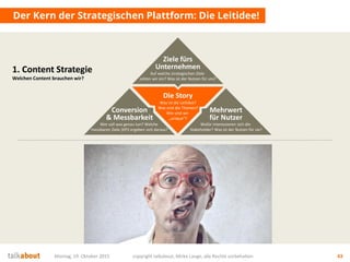 Der Kern der Strategischen Plattform: Die Leitidee!
Montag, 19. Oktober 2015 copyright talkabout, Mirko Lange, alle Rechte vorbehalten 43
1. Content Strategie
Welchen Content brauchen wir?
Die Story
Was ist die Leitidee?
Was sind die Themen?
Wie sind wir
„unique“?
Mehrwert
für Nutzer
Wofür interessieren sich die
Stakeholder? Was ist der Nutzen für sie?
Conversion
& Messbarkeit
Wer soll was genau tun? Welche
messbaren Ziele (KPI) ergeben sich daraus?
Ziele fürs
Unternehmen
Auf welche strategischen Ziele
zahlen wir ein? Was ist der Nutzen für uns?
 