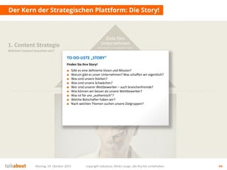 Der Kern der Strategischen Plattform: Die Story!
Montag, 19. Oktober 2015 copyright talkabout, Mirko Lange, alle Rechte vorbehalten 44
1. Content Strategie
Welchen Content brauchen wir?
Die Story
Was ist die Leitidee?
Was sind die Themen?
Wie sind wir
„unique“?
Mehrwert
für Nutzer
Wofür interessieren sich die
Stakeholder? Was ist der Nutzen für sie?
Conversion
& Messbarkeit
Wer soll was genau tun? Welche
messbaren Ziele (KPI) ergeben sich daraus?
Ziele fürs
Unternehmen
Auf welche strategischen Ziele
zahlen wir ein? Was ist der Nutzen für uns?
TO-DO-LISTE „STORY“
Finden Sie Ihre Story!
■ Gibt es eine definierte Vision und Mission?
■ Warum gibt es unser Unternehmen? Was schaffen wir eigentlich?
■ Was sind unsere Stärken?
■ Was sind unsere Schwächen?
■ Wer sind unserer Wettbewerber – auch branchenfremde?
■ Was können wir besser als unsere Wettbewerber?
■ Was ist für uns „authentisch“?
■ Welche Botschafter haben wir?
■ Nach welchen Themen suchen unsere Zielgruppen?
 