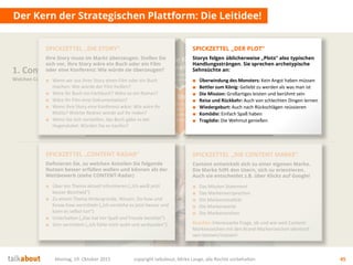 Der Kern der Strategischen Plattform: Die Leitidee!
Montag, 19. Oktober 2015 copyright talkabout, Mirko Lange, alle Rechte vorbehalten 45
1. Content Strategie
Welchen Content brauchen wir?
Die Story
Was ist die Leitidee?
Was sind die Themen?
Wie sind wir
„unique“?
Mehrwert
für Nutzer
Wofür interessieren sich die
Stakeholder? Was ist der Nutzen für sie?
Conversion
& Messbarkeit
Wer soll was genau tun? Welche
messbaren Ziele (KPI) ergeben sich daraus?
Ziele fürs
Unternehmen
Auf welche strategischen Ziele
zahlen wir ein? Was ist der Nutzen für uns?■ Wenn wir aus Ihrer Story einen Film oder ein Buch
machen: Wie würde der Film heißen?
■ Wäre Ihr Buch ein Fachbuch? Wäre es ein Roman?
■ Wäre Ihr Film eine Dokumentation?
■ Wenn Ihre Story eine Konferenz wäre: Wie wäre Ihr
Motto? Welche Redner würde auf ihr reden?
■ Wenn Sie sich vorstellen, das Buch gäbe es bei
Hugendubel: Würden Sie es kaufen?
SPICKZETTEL „DIE STORY“
Ihre Story muss im Markt überzeugen. Stellen Sie
sich vor, Ihre Story wäre ein Buch oder ein Film
oder eine Konferenz: Wie würde sie überzeugen?
■ Überwindung des Monsters: Kein Angst haben müssen
■ Bettler zum König: Geliebt zu werden als was man ist
■ Die Mission: Großartiges leisten und berühmt sein
■ Reise und Rückkehr: Auch von schlechten Dingen lernen
■ Wiedergeburt: Auch nach Rückschlägen reüssieren
■ Komödie: Einfach Spaß haben
■ Tragödie: Die Wehmut genießen
SPICKZETTEL „DER PLOT“
Storys folgen üblicherweise „Plots“ also typischen
Handlungssträngen. Sie sprechen archetypische
Sehnsüchte an:
■ Das Mission Statement
■ Das Markenversprechen
■ Die Markentonalität
■ Die Markenwerte
■ Die Markenzeichen
Beachte: Interessante Frage, ob und wie weit Content-
Markenzeichen mit den Brand-Markenzeichen identisch
sein können/müssen!
SPICKZETTEL „DIE CONTENT MARKE“
Content entwickelt sich zu einer eigenen Marke.
Die Marke hilft den Usern, sich zu orientieren.
Auch sie entscheidet z.B. über Klicks auf Google!
■ Über ein Thema aktuell informieren („Ich weiß jetzt
besser Bescheid“)
■ Zu einem Thema Hintergründe, Wissen, Do-how und
Know-how vermitteln („Ich verstehe es jetzt besser und
kann es selbst tun“)
■ Unterhalten („Das hat mir Spaß und Freude bereitet“)
■ Sinn vermitteln („Ich fühle mich wohl und verbunden“)
SPICKZETTEL „CONTENT RADAR“
Definieren Sie, zu welchen Anteilen Sie folgende
Nutzen besser erfüllen wollen und können als der
Wettbewerb (siehe CONTENT-Radar)
 