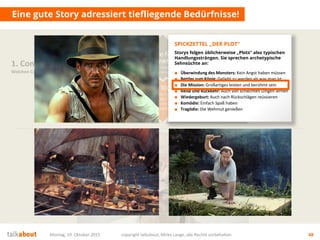 Eine gute Story adressiert tiefliegende Bedürfnisse!
Montag, 19. Oktober 2015 copyright talkabout, Mirko Lange, alle Rechte vorbehalten 48
1. Content Strategie
Welchen Content brauchen wir?
Die Story
Was ist die Leitidee?
Was sind die Themen?
Wie sind wir
„unique“?
Mehrwert
für Nutzer
Wofür interessieren sich die
Stakeholder? Was ist der Nutzen für sie?
Conversion
& Messbarkeit
Wer soll was genau tun? Welche
messbaren Ziele (KPI) ergeben sich daraus?
Ziele fürs
Unternehmen
Auf welche strategischen Ziele
zahlen wir ein? Was ist der Nutzen für uns?■ Überwindung des Monsters: Kein Angst haben müssen
■ Bettler zum König: Geliebt zu werden als was man ist
■ Die Mission: Großartiges leisten und berühmt sein
■ Reise und Rückkehr: Auch von schlechten Dingen lernen
■ Wiedergeburt: Auch nach Rückschlägen reüssieren
■ Komödie: Einfach Spaß haben
■ Tragödie: Die Wehmut genießen
SPICKZETTEL „DER PLOT“
Storys folgen üblicherweise „Plots“ also typischen
Handlungssträngen. Sie sprechen archetypische
Sehnsüchte an:
 