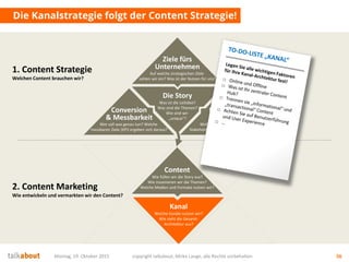 Die Kanalstrategie folgt der Content Strategie!
Montag, 19. Oktober 2015 copyright talkabout, Mirko Lange, alle Rechte vorbehalten 56
Content
Wie füllen wir die Story aus?
Wie inszenieren wir die Themen?
Welche Medien und Formate nutzen wir?
Kanal
Welche Kanäle nutzen wir?
Wie sieht die Gesamt-
Architektur aus?
1. Content Strategie
Welchen Content brauchen wir?
2. Content Marketing
Wie entwickeln und vermarkten wir den Content?
Die Story
Was ist die Leitidee?
Was sind die Themen?
Wie sind wir
„unique“?
Mehrwert
für Nutzer
Wofür interessieren sich die
Stakeholder? Was ist der Nutzen für sie?
Conversion
& Messbarkeit
Wer soll was genau tun? Welche
messbaren Ziele (KPI) ergeben sich daraus?
Ziele fürs
Unternehmen
Auf welche strategischen Ziele
zahlen wir ein? Was ist der Nutzen für uns?
 