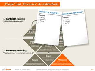 Engagement
Wie „engagen“ wir und
wie organisieren
wir den Dialog?
Montag, 19. Oktober 2015 copyright talkabout, Mirko Lange, alle Rechte vorbehalten 63
„People“ und „Processes“ als stabile Basis
Die Core Story
Was ist die Leitidee?
Was sind die Themen?
Wie sind wir
„unique“?
Mehrwert
für Nutzer
Wofür interessieren sich die
Stakeholder? Was ist der Nutzen für sie?
Content
Wie füllen wir die Story aus?
Wie inszenieren wir die Themen?
Welche Medien und Formate nutzen wir?
Kanal
Welche Kanäle nutzen wir?
Wie sieht die Gesamt-
Architektur aus?
Promotion
Wie bauen wir unser
Netzwerk auf? Fans,
Follower, Abos,
Besucher,
…
1. Content Strategie
Welchen Content brauchen wir?
2. Content Marketing
Wie entwickeln und vermarkten wir den Content?
Processes
Wie organisieren wir
Content Discovery, Content Creation,
Content Curation, Dialog und Promotion?
People
Wer sind die Veantwortlichen?
Welche Kompetenzen brauchen Sie?
Wie bringen sie sich persönlich ein?
Ziele fürs
Unternehmen
Auf welche strategischen Ziele
zahlen wir ein? Was ist der Nutzen für uns?
Conversion
& Messbarkeit
Wer soll was genau tun? Welche
messbaren Ziele (KPI) ergeben sich daraus?
 