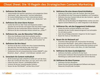 1. Definieren Sie klare Ziele
• Unterscheiden Sie zwischen operativen und strategischen Zielen
• „Reichweite“ oder „Abonnenten“ sind kein Selbstzweck
• Ihr Content Marketing muss Ihrem Unternehmen dienen
• Es muss aber nicht immer nur „Absatz“ und „Neukunden“ sein
2. Definieren Sie einen klaren Nutzen
• Suchen Sie nicht nur über Tools nach Keywords sondern
sprechen Sie mit Vertrieb und Support über die echten Fragen
• Definieren Sie den funktionalen Nutzen anhand der Fragen
• Definieren Sie den emotionalen Nutzen anhand von „Limbic“©
3. Definieren Sie, was die Menschen TUN sollen
• Ohne eine Handlung ist jede Kommunikation wertlos
• Definieren Sie präzise Handlungen, die die Menschen tun sollen
• Leiten Sie daraus explizite und implizite „Calls-to-action“ ab
4. Definieren Sie Ihre Story!
• Die Story ist der Kern und das Herz Ihres Content Marketing
• Wie wäre der Titel Ihres Buches oder Ihres Films?
• Würde Ihre Story in einem Buchladen verkauft?
• Positionieren Sie sich entsprechend des Content RADAR© in den
Bereichen „News“, „Wissen“, Unterhaltung“ und/oder „Sinn“
5. Entwickeln Sie Content methodisch
• Ob Ihr Content gut oder schlecht ist richtet sich nach der Story
• Wenn der Content der Story dient, ist er gut, wenn nicht, nicht
• Führen Sie einen Themen- und Redaktionsplan ein
• Variieren Sie bei der Inszenierung des Contents
• Nutzen Sie das FISH-Modell© und den Story Circle©
Cheat Sheet: Die 10 Regeln des Strategischen Content Marketing
Montag, 19. Oktober 2015 copyright talkabout, Mirko Lange, alle Rechte vorbehalten 65
6. Definieren Sie eine clevere Kanal-Architektur
• Achtung: Erst die Story, dann der Content, dann den Kanal
• Oft empfiehlt sich eine Trennung von Redaktion und Transaktion
• Definieren Sie einen Content-Hub als Herz des Contents – egal ob
Magazin, Blog oder Website
• Achten Sie auf das Branding: Die Möglichkeiten reichen von einer
eigenen Content Marke bis zur vollen Integration in die Website
7. Definieren Sie, wie das Engagement funktioniert
• Achten Sie extrem auf gute Headlines und Teaser
• Gestalten Sie den Content abwechslungsreich und verknüpfen
ihn mit Calls-to-action
• Seien Sie auf Dialog vorbereitet. Integrieren Sie den Support.
• Bauen Sie Tools zur Interaktion ein
8. Bauen Sie ein Netzwerk auf
• Promotion alleine genügt nicht, Sie brauchen Vernetzung
• Sie brauchen Reichweite – diese sollte zu Abonnenten führen
• Scheuen Sie auch nicht vor Paid Promotion des Contents zurück
• Aber führen Sie die Leute zu den Abos, z.B. über Downloads
9. Definieren Sie klare Zuständigkeiten
• Definieren Sie Rollen und Rechte für das Team
• Sie brauchen Fachleute! Ohne Kompetenz können Sie Content
Marketing aus Leidenschaft machen, aber nicht im Business
10. Definieren Sie klare Prozesse
• Definieren Sie klare Workflows
• Nutzen Sie eine Content Management Software wie Kapost,
Newscred, DivvyHQ oder Scompler
 