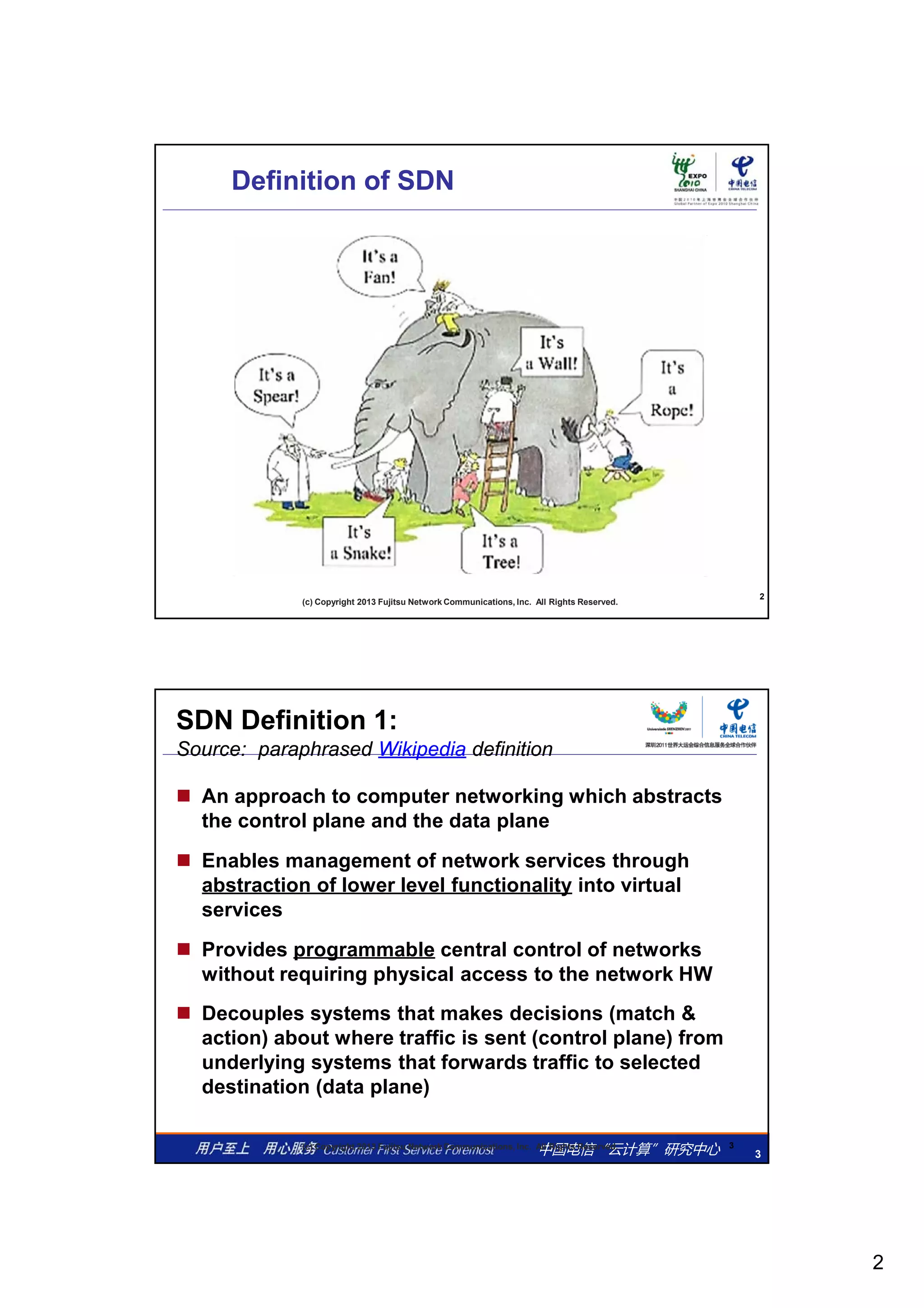 2
Definition of SDN
2
(c) Copyright 2013 Fujitsu Network Communications, Inc. All Rights Reserved.
SDN Definition 1:
Source: paraphrased Wikipedia definition
 An approach to computer networking which abstracts
the control plane and the data plane
 Enables management of network services through
abstraction of lower level functionality into virtual
services
 Provides programmable central control of networks
without requiring physical access to the network HW
( &
中国电信“云计算”研究中心 3
3(c) Copyright 2013 Fujitsu Network Communications, Inc. All Rights Reserved.
 Decouples systems that makes decisions (match &
action) about where traffic is sent (control plane) from
underlying systems that forwards traffic to selected
destination (data plane)
 