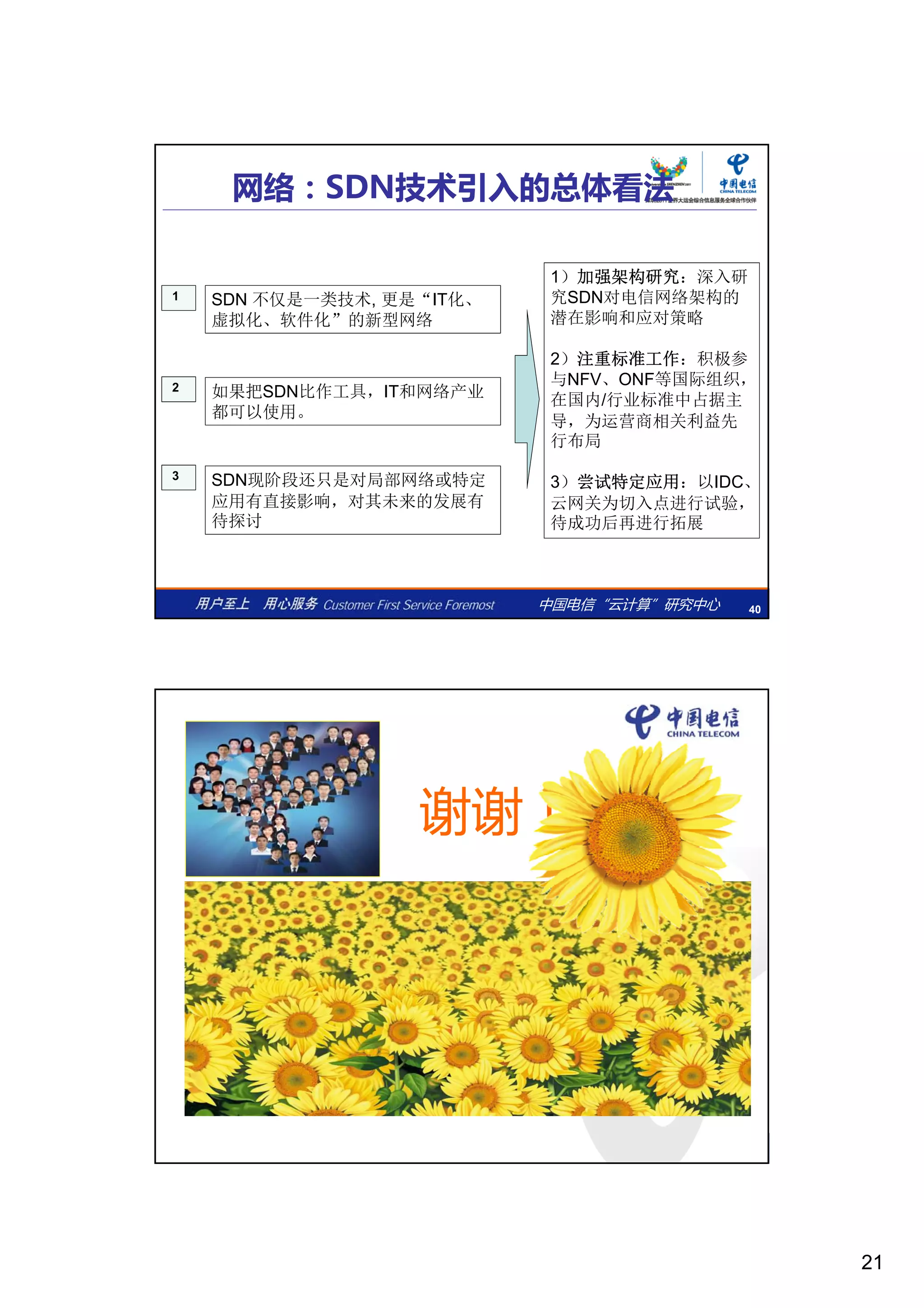21
1 SDN 不仅是一类技术 更是“IT化、
1）加强架构研究：深入研
究SDN对电信网络架构的
网络：SDN技术引入的总体看法
2
SDN 不仅是 类技术, 更是 IT化、
虚拟化、软件化”的新型网络
如果把SDN比作工具，IT和网络产业
都可以使用。
究SDN对电信网络架构的
潜在影响和应对策略
2）注重标准工作：积极参
与NFV、ONF等国际组织，
在国内/行业标准中占据主
导，为运营商相关利益先
行布局
中国电信“云计算”研究中心 40
3 SDN现阶段还只是对局部网络或特定
应用有直接影响，对其未来的发展有
待探讨
3）尝试特定应用：以IDC、
云网关为切入点进行试验，
待成功后再进行拓展
谢谢！
41中国电信“云计算”研究中心 41
41
 