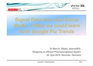 Slide 1pharmaSOL - All Rights Reserved
Dr Marc A. Zittartz, pharmaSOL
Designing an efficient Pharmacovigilance System
02. April 2014, München, Germany
 
