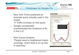 • New York Times published an
example query actually used in the
model.
 Traffic increase on that query
• Google considerably
overestimated the incidence of flu
in the U.S.
• Root Cause Analysis
“People react to heightened media
coverage, which lead to an up rise
in searches.”
pharmaSOL - All Rights Reserved Slide 16
 
