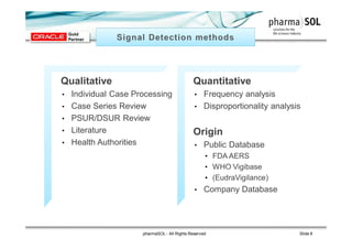 • Qualitative
• Individual Case Processing
• Case Series Review
• PSUR/DSUR Review
• Literature
• Health Authorities
• Quantitative
• Frequency analysis
• Disproportionality analysis
• Origin
• Public Database
• FDA AERS
• WHO Vigibase
• (EudraVigilance)
• Company Database
pharmaSOL - All Rights Reserved Slide 8
 