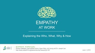 EMPATHY
AT WORK
Explaining the Who, What, Why & How
@UXPA2016 #UXPAempathy
Andrea Gallagher, Bernadette Irizarry, Dawn Nid...
