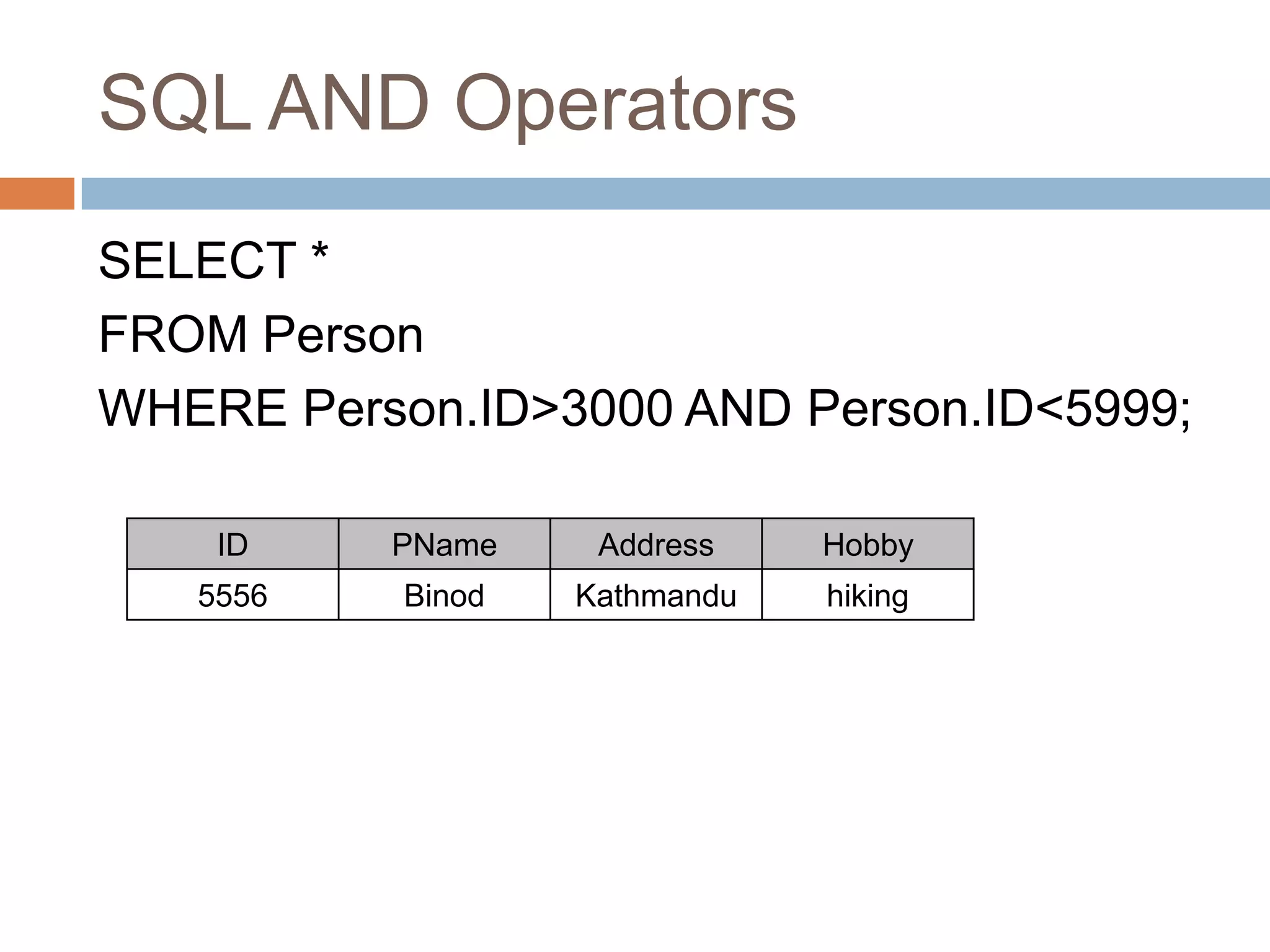 SQL AND Operators
SELECT *
FROM Person
WHERE Person.ID>3000 AND Person.ID<5999;
ID PName Address Hobby
5556 Binod Kathmandu hiking
 