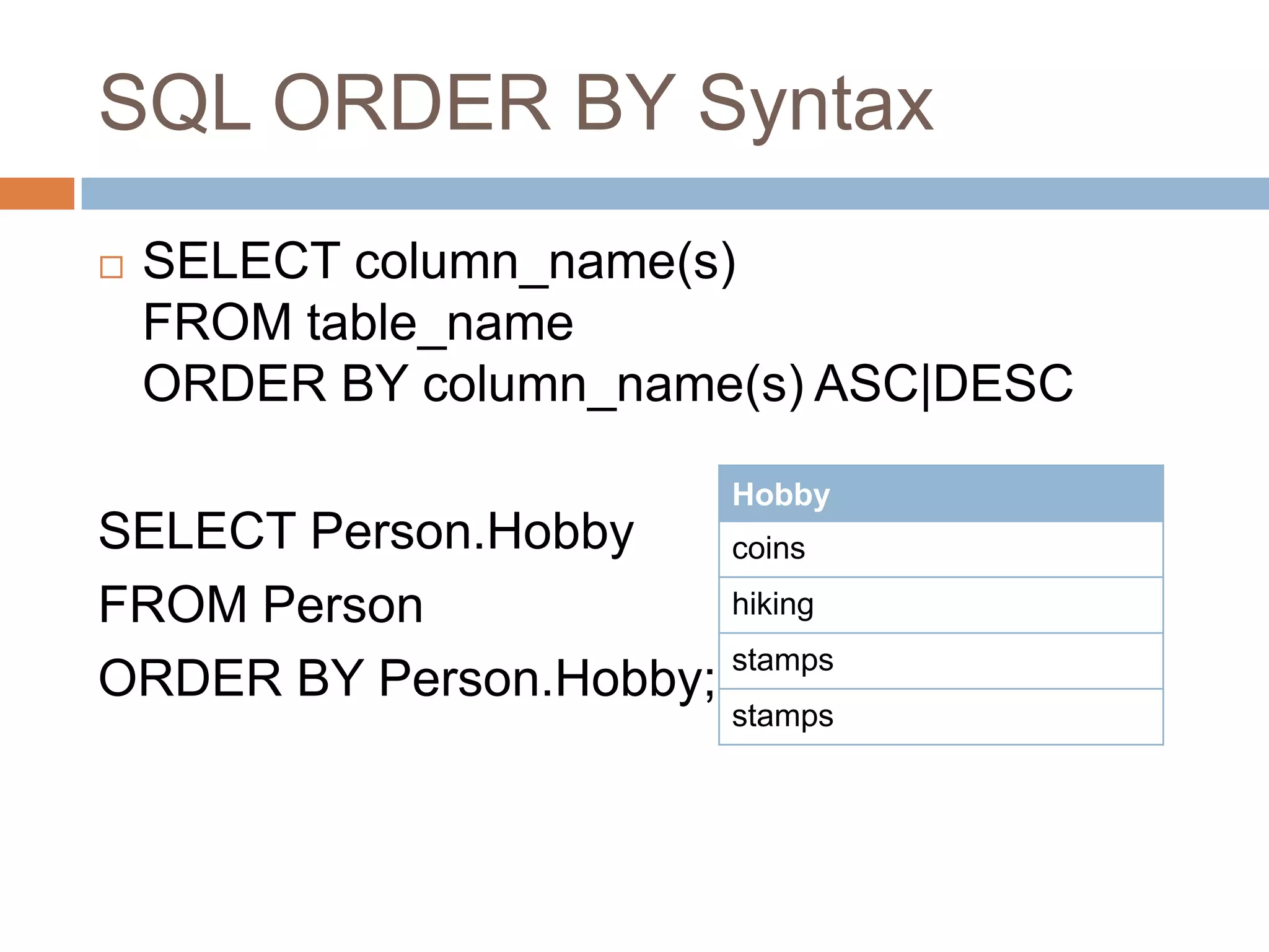 SQL ORDER BY Syntax
 SELECT column_name(s)
FROM table_name
ORDER BY column_name(s) ASC|DESC
SELECT Person.Hobby
FROM Person
ORDER BY Person.Hobby;
Hobby
coins
hiking
stamps
stamps
 